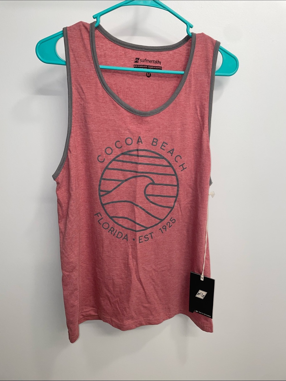 Surfmentality Cocoa Beach Graphic Tank - Dusty Rose with Gray Trim